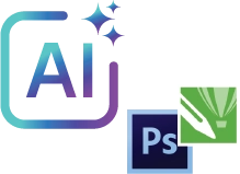 Convertemos imagens geradas por IA em arquivos editáveis no CorelDRAW ou Photoshop prontos para impressão automotiva.